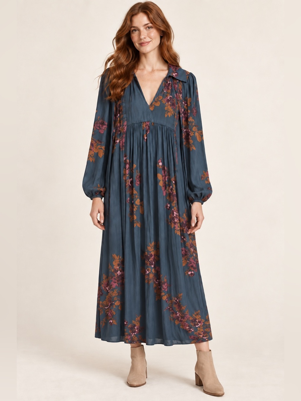 Free People Slate Blue Floral V-Neck Maxi Dress